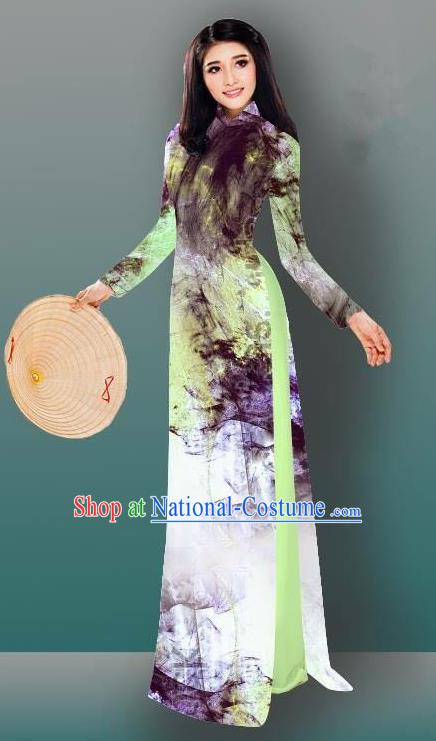 Top Grade Asian Vietnamese Costumes Classical Jing Nationality Gradient Watercolor Printing Cheongsam, Vietnam National Vietnamese Traditional Princess Ao Dai Dress