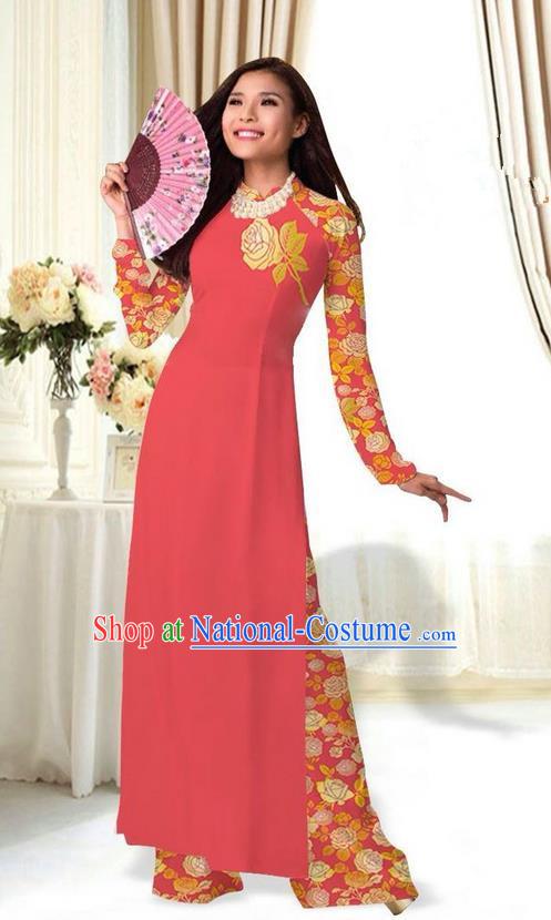 Top Grade Asian Vietnamese Costumes Classical Jing Nationality Printing Flower Watermelon Red Cheongsam, Vietnam National Vietnamese Traditional Princess Ao Dai Dress