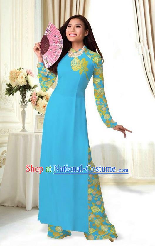 Top Grade Asian Vietnamese Costumes Classical Jing Nationality Printing Flower Blue Cheongsam, Vietnam National Vietnamese Traditional Princess Ao Dai Dress