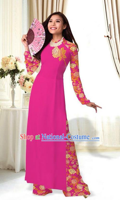 Top Grade Asian Vietnamese Costumes Classical Jing Nationality Printing Flower Rosy Cheongsam, Vietnam National Vietnamese Traditional Princess Ao Dai Dress