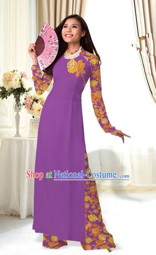 Top Grade Asian Vietnamese Costumes Classical Jing Nationality Printing Flower Purple Cheongsam, Vietnam National Vietnamese Traditional Princess Ao Dai Dress