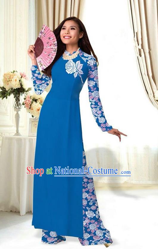 Top Grade Asian Vietnamese Costumes Classical Jing Nationality Printing Flower Peacock Blue Cheongsam, Vietnam National Vietnamese Traditional Princess Ao Dai Dress