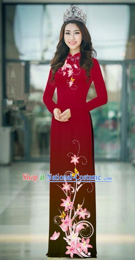 Top Grade Asian Vietnamese Costumes Classical Jing Nationality Printing Handmade Purplish Red Cheongsam, Vietnam National Vietnamese Traditional Princess Ao Dai Dress