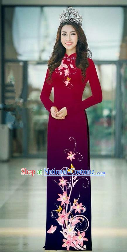 Top Grade Asian Vietnamese Costumes Classical Jing Nationality Printing Handmade Wine Red Cheongsam, Vietnam National Vietnamese Traditional Princess Ao Dai Dress