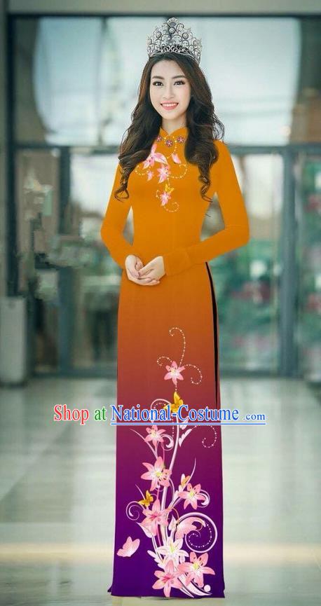 Top Grade Asian Vietnamese Costumes Classical Jing Nationality Printing Handmade Ginger Cheongsam, Vietnam National Vietnamese Traditional Princess Ao Dai Dress