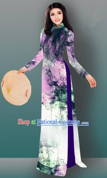 Top Grade Asian Vietnamese Costumes Classical Jing Nationality Gradient Watercolor Printing Cheongsam, Vietnam National Vietnamese Traditional Princess Ao Dai Dress for Women