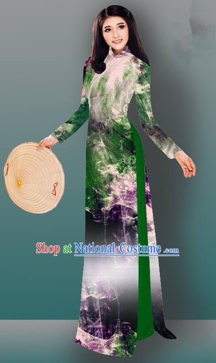 Top Grade Asian Vietnamese Costumes Classical Jing Nationality Gradient Watercolor Printing Green Cheongsam, Vietnam National Vietnamese Traditional Princess Ao Dai Dress