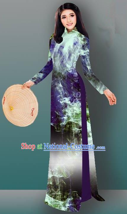 Top Grade Asian Vietnamese Costumes Classical Jing Nationality Gradient Watercolor Printing Blue Cheongsam, Vietnam National Vietnamese Traditional Princess Ao Dai Dress