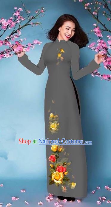 Top Grade Asian Vietnamese Costumes Classical Jing Nationality Printing Handmade Grey Cheongsam, Vietnam National Vietnamese Bride Traditional Princess Ao Dai Dress