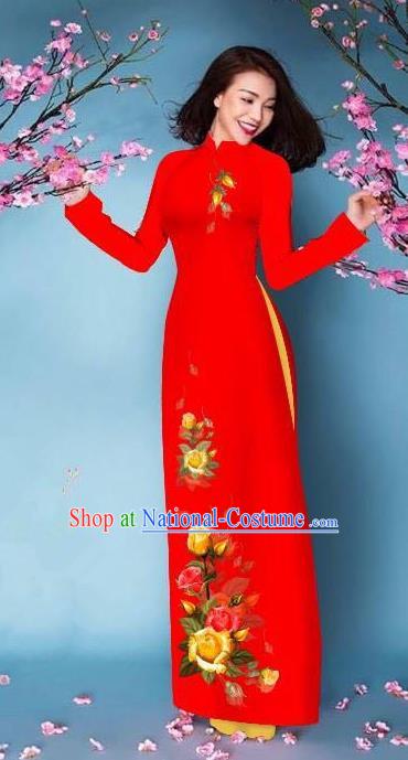 Top Grade Asian Vietnamese Costumes Classical Jing Nationality Printing Handmade Red Cheongsam, Vietnam National Vietnamese Bride Traditional Princess Ao Dai Dress