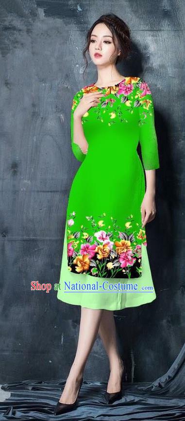 Top Grade Asian Vietnamese Costumes Classical Jing Nationality Short Printing Flowers Cheongsam, Vietnam National Vietnamese Bride Traditional Princess Green Ao Dai Dress