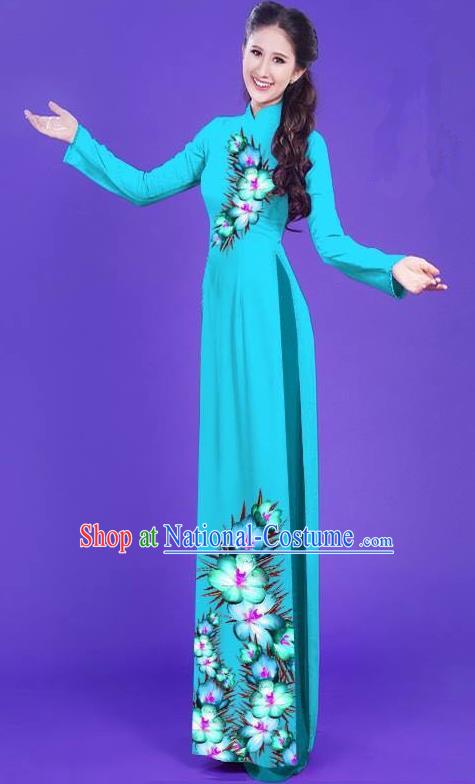 Top Grade Asian Vietnamese Costumes Classical Jing Nationality Long Printing Flowers Cheongsam, Vietnam National Vietnamese Bride Traditional Princess Sky Blue Ao Dai Dress