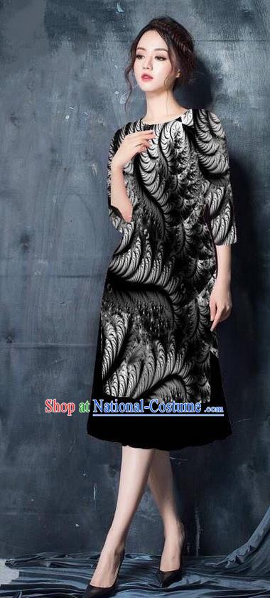 Top Grade Asian Vietnamese Costumes Classical Jing Nationality Printing Short Cheongsam, Vietnam National Vietnamese Bride Traditional Princess Black Ao Dai Dress