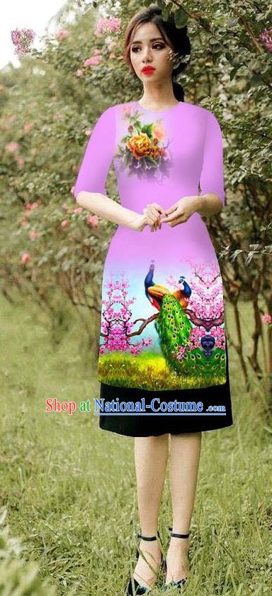 Top Grade Asian Vietnamese Costumes Classical Jing Nationality Peacock Pattern Short Cheongsam, Vietnam National Clothing Bride Traditional Pink Ao Dai Dress