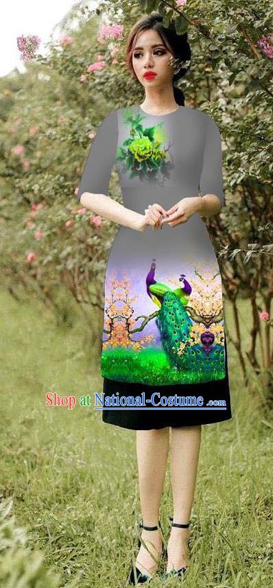 Top Grade Asian Vietnamese Costumes Classical Jing Nationality Peacock Pattern Short Cheongsam, Vietnam National Clothing Bride Traditional Grey Ao Dai Dress