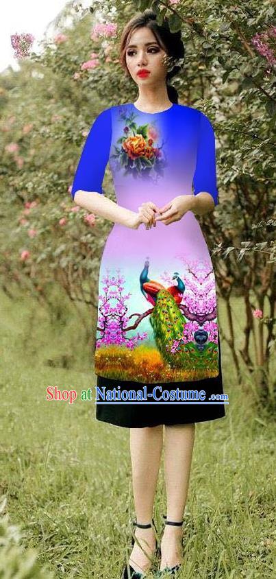 Top Grade Asian Vietnamese Costumes Classical Jing Nationality Peacock Pattern Short Cheongsam, Vietnam National Clothing Bride Traditional Royalblue Ao Dai Dress