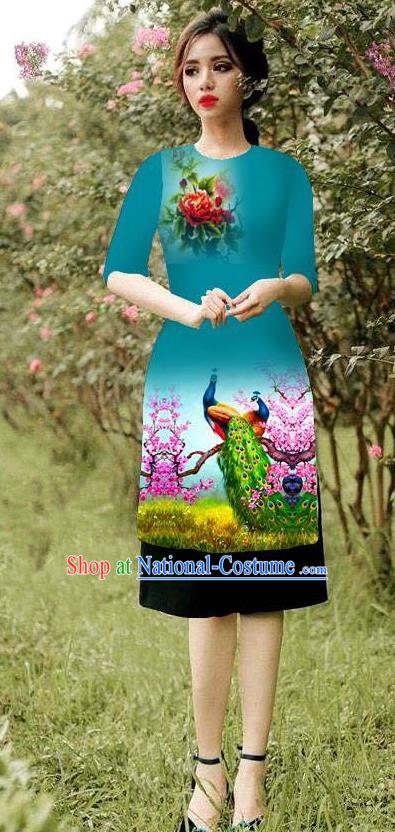 Top Grade Asian Vietnamese Costumes Classical Jing Nationality Peacock Pattern Short Cheongsam, Vietnam National Clothing Bride Traditional Peacock Green Ao Dai Dress