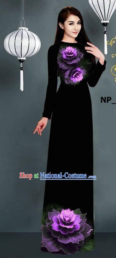 Top Grade Asian Vietnamese Costumes Classical Jing Nationality Printing Long Cheongsam, Vietnam National Clothing Bride Traditional Black Ao Dai Dress