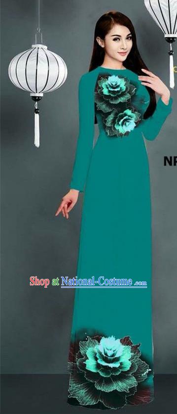 Top Grade Asian Vietnamese Costumes Classical Jing Nationality Printing Long Cheongsam, Vietnam National Clothing Bride Traditional Peacock Green Ao Dai Dress