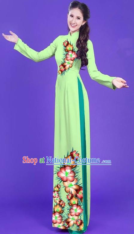 Top Grade Asian Vietnamese Costumes Classical Jing Nationality Long Printing Flowers Cheongsam, Vietnam National Vietnamese Bride Traditional Princess Light Green Ao Dai Dress