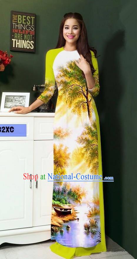 Top Grade Asian Vietnamese Clothing Classical Jing Nationality Handmade Cheongsam, Vietnam National Bride Traditional Printing Green Ao Dai Dress for Women