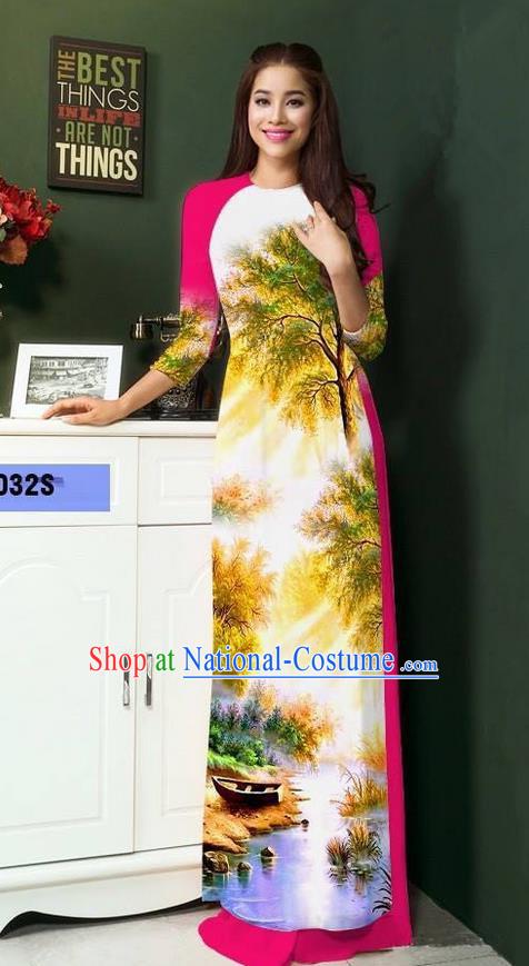 Top Grade Asian Vietnamese Clothing Classical Jing Nationality Handmade Cheongsam, Vietnam National Bride Traditional Printing Rosy Ao Dai Dress for Women