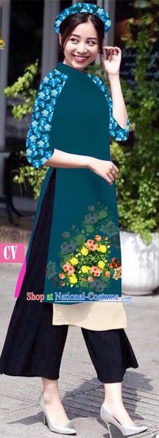 Traditional Top Grade Asian Vietnamese Jing Nationality Classical Ao Dai Dress, Vietnam National Bride Printing Peacock Green Short Cheongsam Costumes for Women