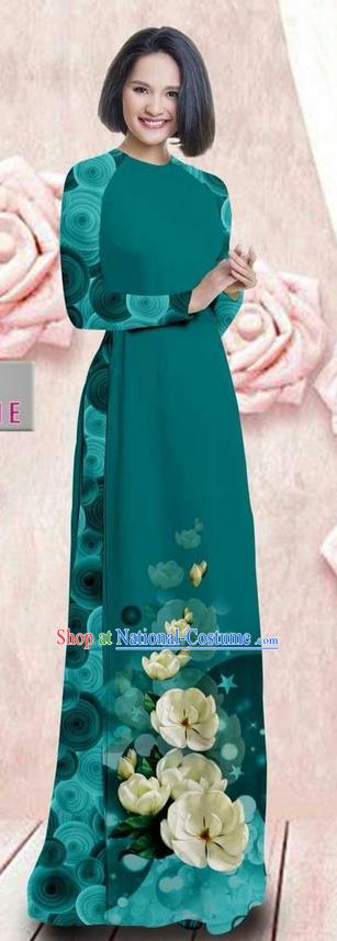 Traditional Top Grade Asian Vietnamese Ha Festival 3D Printing Bride Ao Dai Dress, Vietnam National Jing Nationality Princess Peacock Green Cheongsam Costumes for Women