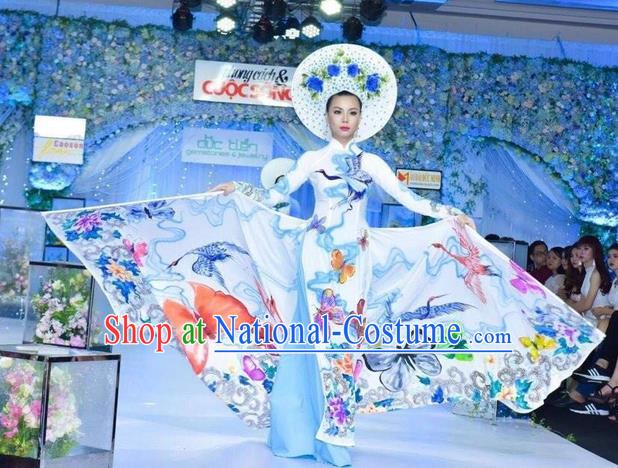 Traditional Top Grade Asian Vietnamese Ha Festival Hand Painting Ao Dai Dress, Vietnam Women National Jing Nationality Princess Cheongsam Bride Costumes