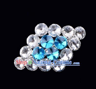 Chinese Ancient Peking Opera Jewelery Accessories, Traditional Chinese Beijing Opera Props Rhombus Brooch Ornaments Hua Tan Blue Rhinestone Breastpin