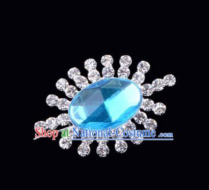 Chinese Ancient Peking Opera Jewelery Accessories, Traditional Chinese Beijing Opera Props Round Brooch Ornaments Hua Tan Blue Rhinestone Breastpin