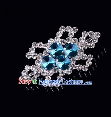 Chinese Ancient Peking Opera Jewelery Accessories, Traditional Chinese Beijing Opera Props Hexagonal Brooch Ornaments Hua Tan Blue Rhinestone Breastpin