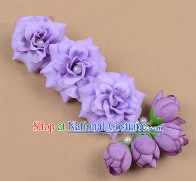 Chinese Ancient Peking Opera Purple Flowers Hair Accessories, Traditional Chinese Beijing Opera Props Head Ornaments Hua Tan Flocking Headwear Hairpins