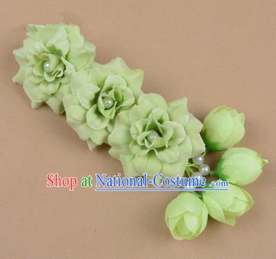 Chinese Ancient Peking Opera Green Flowers Hair Accessories, Traditional Chinese Beijing Opera Props Head Ornaments Hua Tan Flocking Headwear Hairpins