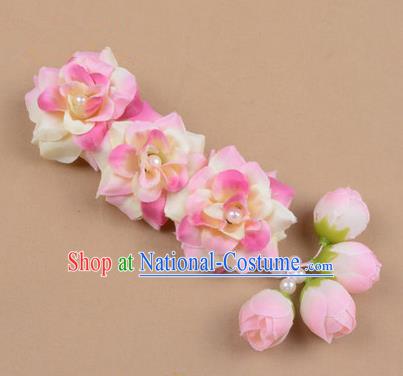 Chinese Ancient Peking Opera Pink Flowers Hair Accessories, Traditional Chinese Beijing Opera Props Head Ornaments Hua Tan Flocking Headwear Hairpins