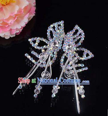 Chinese Ancient Peking Opera Hair Accessories Young Lady Headwear, Traditional Chinese Beijing Opera Head Ornaments Hua Tan Butterfly White Crystal Hairpins