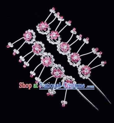 Chinese Ancient Peking Opera Hair Accessories Young Lady Headwear, Traditional Chinese Beijing Opera Head Ornaments Hua Tan Plum Blossom Pink Crystal Hairpins