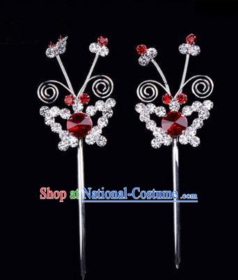 Chinese Ancient Peking Opera Pink Flowers Hair Accessories Headwear, Traditional Chinese Beijing Opera Head Ornaments Hua Tan Red Butterfly Crystal Hairpins