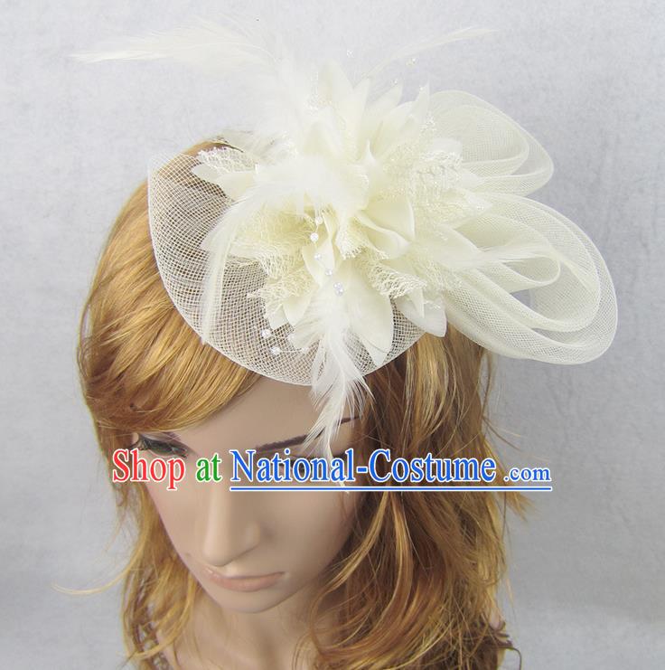 Top Modern Dance Hair Accessories Hair Clasp, Female Beige Flower Veil Top Hat Ornament Headband for Women