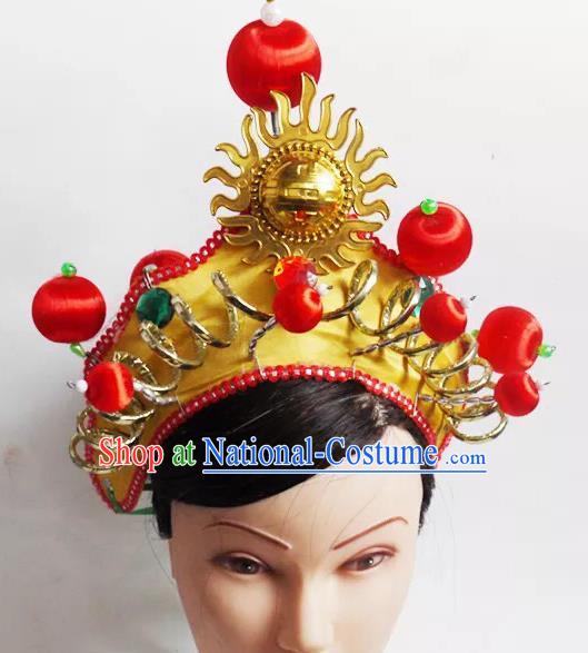 Traditional Chinese Peking Opera Headwear Waist Drum Hair Accessories, Chinese Folk Dance Golden Hat for Women