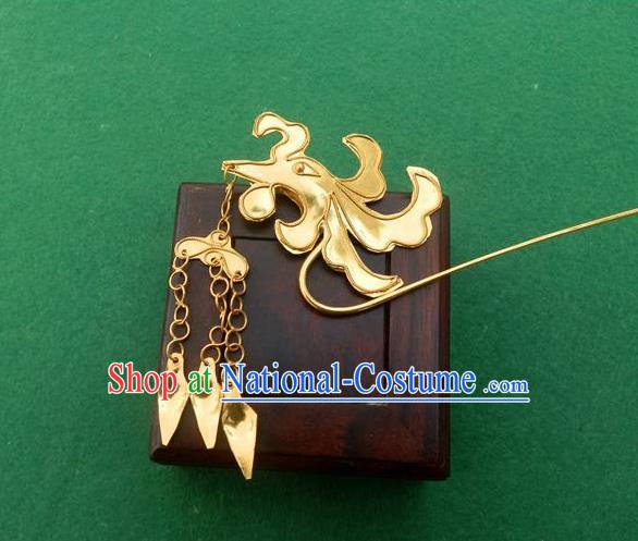 Traditional Chinese Ancient Classical Handmade Phoenix Head Tassel Golden Hairpin Jewelry Accessories Hanfu Classical Palace Combs and Sticks for Women