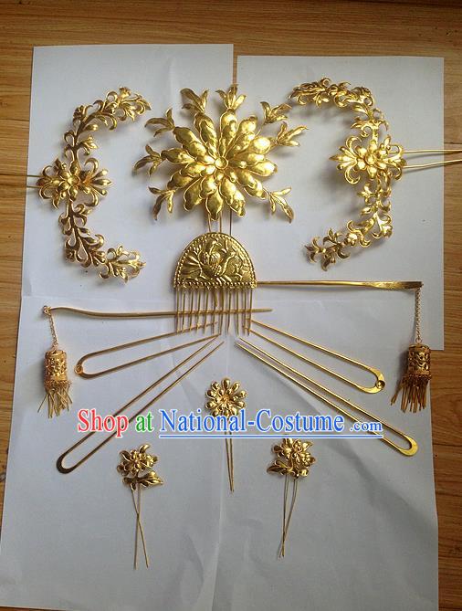 Traditional Chinese Ancient Classical Handmade Tang Dynasty Imperial Consort Hairpin Phoenix Coronet Jewelry Accessories Hanfu Classical Bride Combs Hair Sticks Complete Set for Women