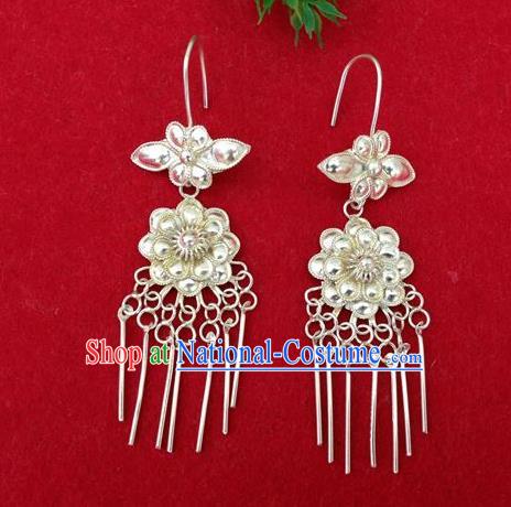 Traditional Handmade Chinese Ancient Classical Earrings Accessories Pure Sliver Peony Tassel Peacock Eardrop for Women