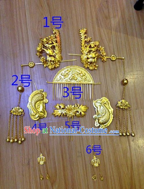 Traditional Handmade Chinese Ancient Classical Hair Accessories Barrettes Tang Dynasty Wedding Bride Phoenix Coronet Step Shake Hairpins Complete Set for Women