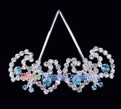 Chinese Ancient Peking Opera Hair Accessories Young Lady Bat Headwear, Traditional Chinese Beijing Opera Head Ornaments Hua Tan Blue Crystal Hairpins