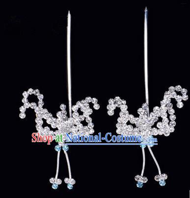 Chinese Ancient Peking Opera Hair Accessories Young Lady Headwear, Traditional Chinese Beijing Opera Head Ornaments Hua Tan Blue Crystal Bat Hairpins