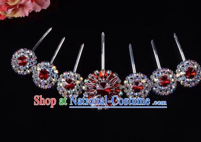 Chinese Ancient Peking Opera Hair Accessories Young Lady Headwear, Traditional Chinese Beijing Opera Head Ornaments Hua Tan Red Crystal Hairpins Complete Set