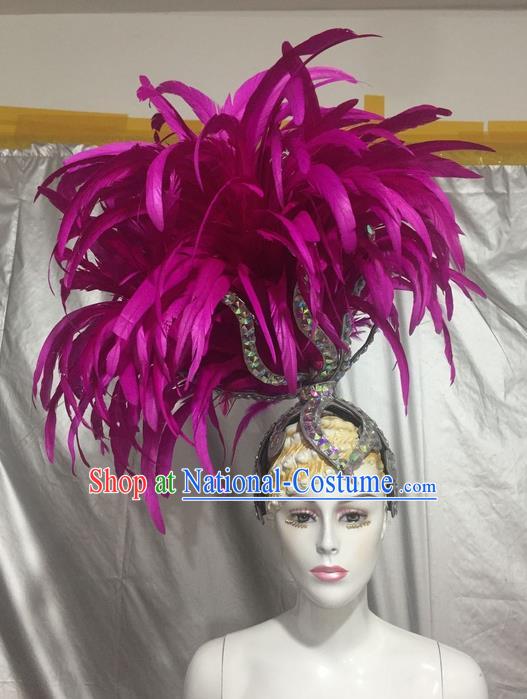 Top Grade Professional Stage Show Catwalks Brazil Feather Headpiece Hat, Brazilian Rio Carnival Samba Opening Dance Purple Feather Headwear for Women