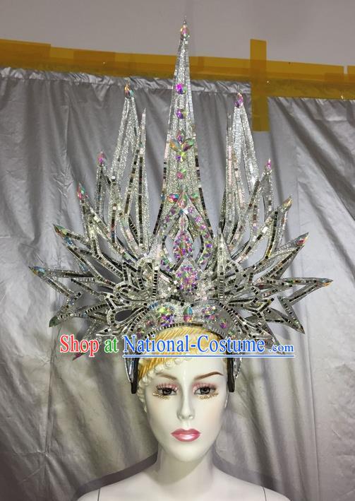 Top Grade Professional Stage Show Catwalks Brazil Crystal Headpiece Hat, Brazilian Rio Carnival Samba Opening Dance Ostrich Headwear for Women