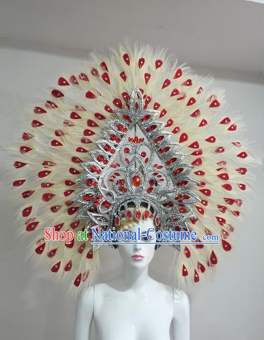 Top Grade Professional Stage Show Halloween Red Crystal Feather Headpiece Hat, Brazilian Rio Carnival Samba Opening Dance Feather Headwear for Women